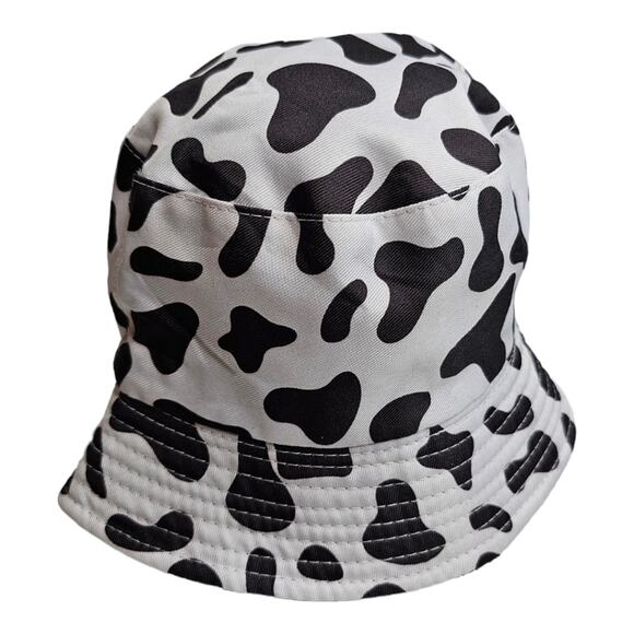 White Cow Print Reversible Bucket Hat Black on the Other Side One Size Fits Most - Picture 6 of 7